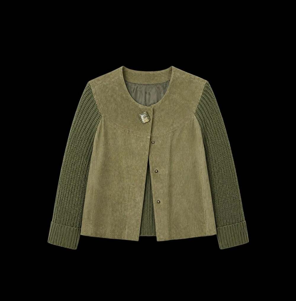 Live A Little Green Genuine Suede Leather and Ribbed Knit Jacket